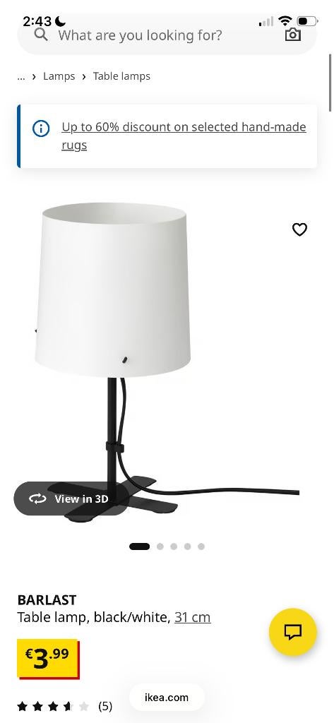 IKEA BARLAST table lamp, black/white, 31cm, Ophalen, Zo goed als nieuw, White/black, Minder dan 50 cm