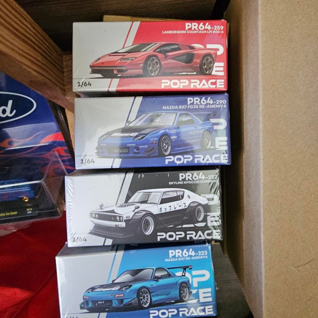 Pop Race 1/64 Modelauto's: Lamborghini, Mazda, Skyline, Onbekend, Nieuw, Ophalen of Verzenden, Onbekend