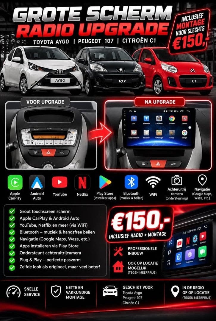 Carplay Scherm Radio Upgrade Toyota Aygo, Peugeot 107, C1, Ophalen of Verzenden, Nieuw