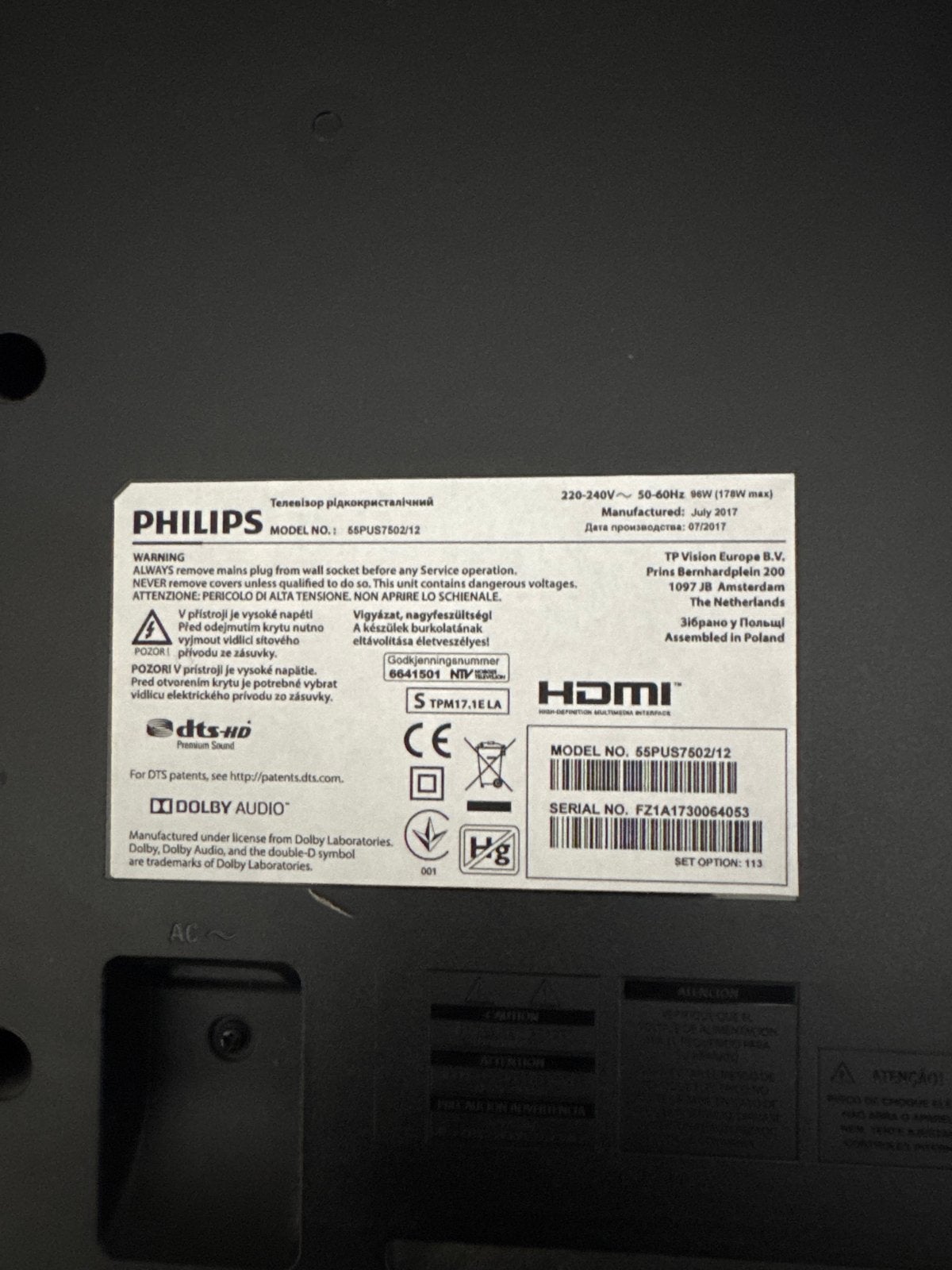 Philips 55PUS7502 3zijdig ambilight DEFECT, Ophalen, Philips, LED, 100 Hz
