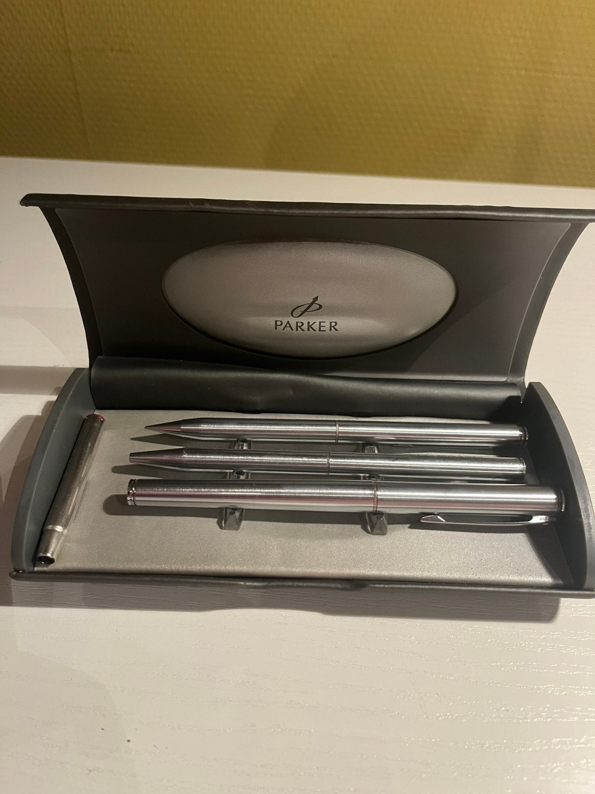 Luxe Parker Schrijfset RVS (3-delig) in Originele Cassette, Ophalen of Verzenden, Gebruikt, Vulpen, Parker