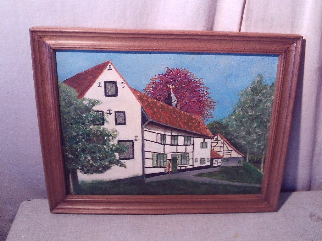 Mooi Geschilderd Werk 'Vakwerkhuisjes met Tuin' - 46x36, Doek, Ophalen of Verzenden, Olieverf, Stads- / dorpsgezicht