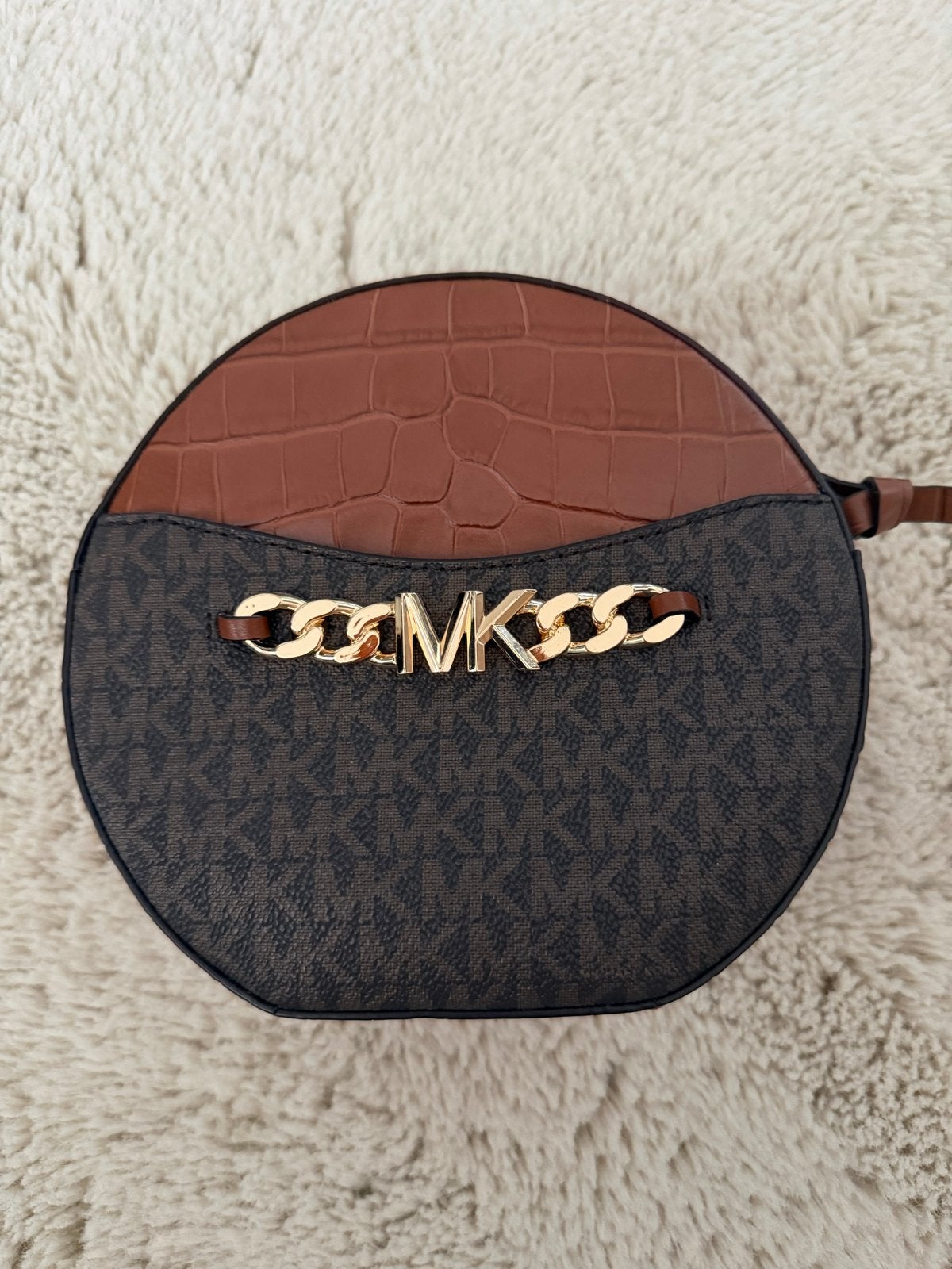 Michael Kors Schoudertasje Bruin/Zwart met MK-logo, Ophalen of Verzenden, Zo goed als nieuw, Bruin, Schoudertasje