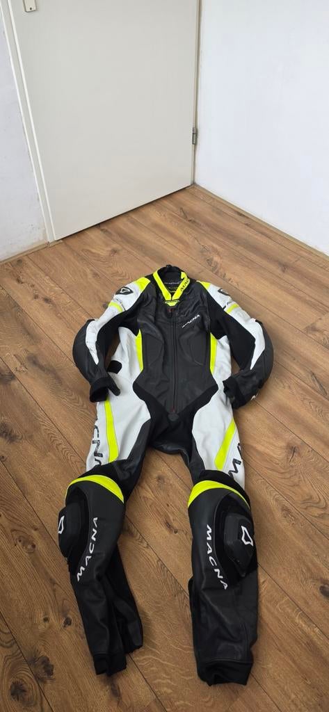 Macna motorpak leer zwart/wit/geel - Maat M, Combipak, Dames, Ophalen of Verzenden, Tweedehands