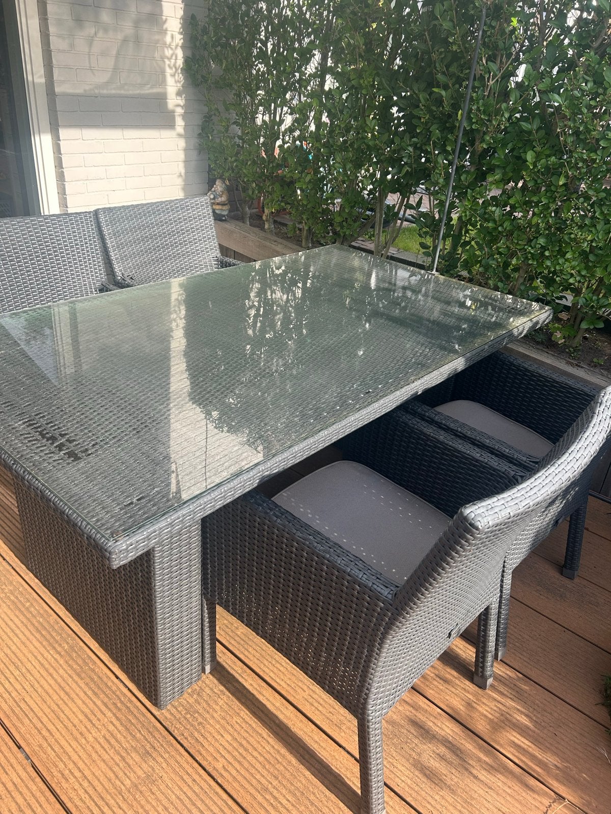 Del Mundo tuinset met glazen tafelblad en 4 stoelen, Ophalen, Gebruikt, Rechthoekig, Wicker