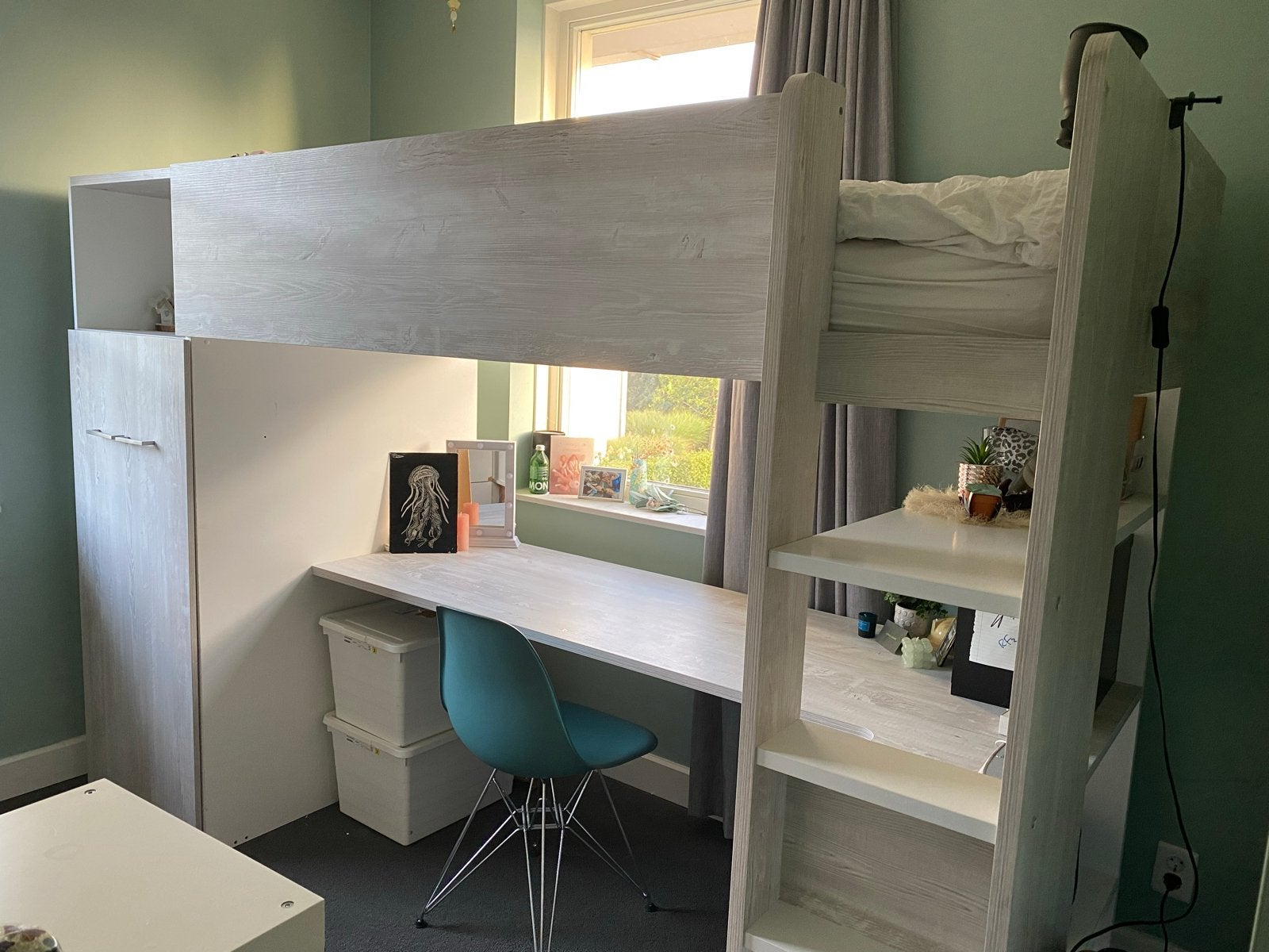Trasman Jules Hoogslaper met kast en bureau, wit/grijs, Ophalen, Gebruikt, Eenpersoons, 90 cm