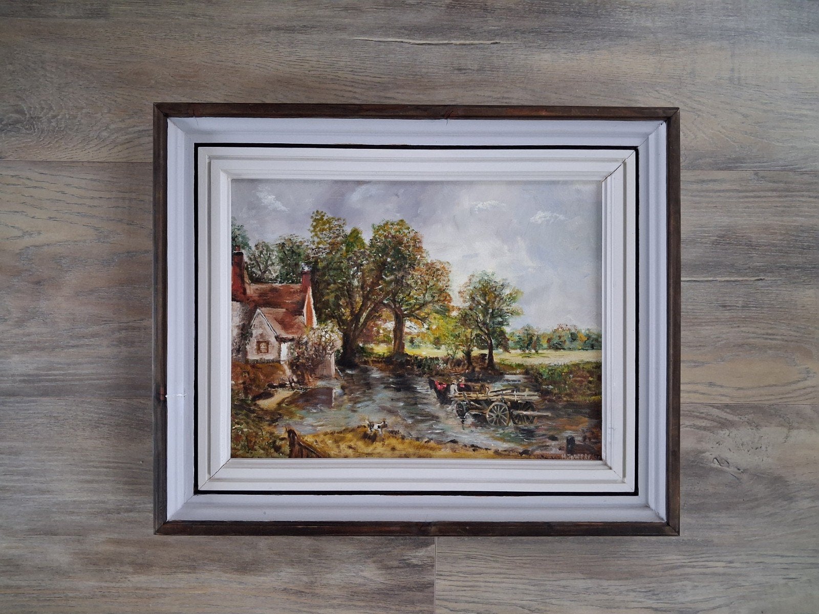 Schilderij # Paard met wagen door de rivier, Ophalen of Verzenden