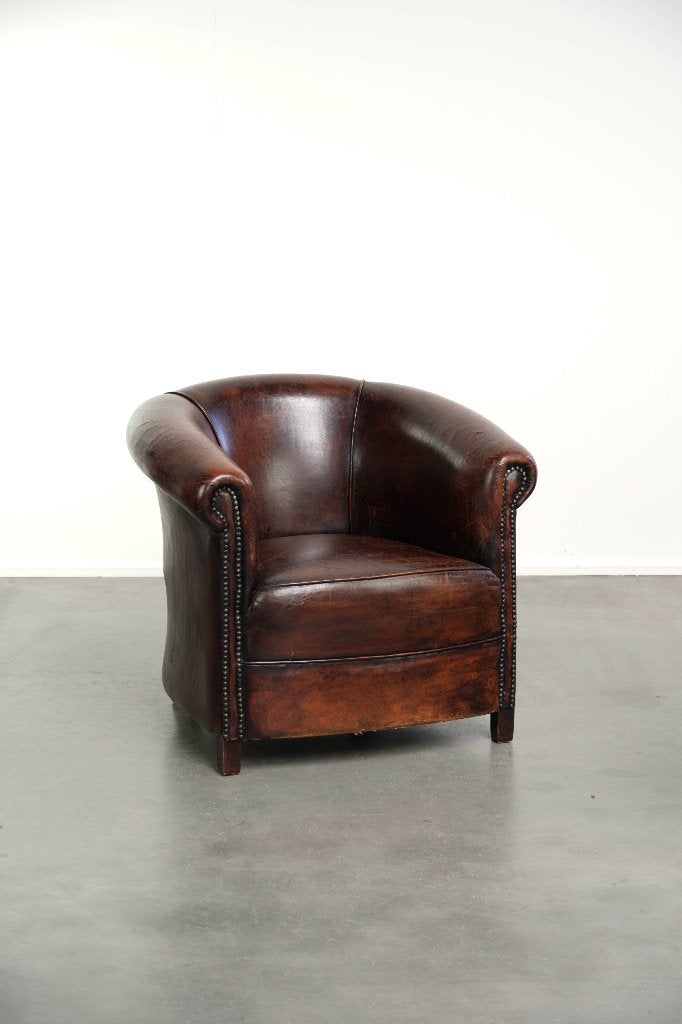 Karaktervolle vintage schapenleren clubfauteuil, Huis en Inrichting, Ophalen, Gebruikt, Vintage, /