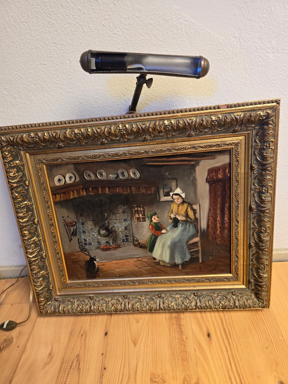 Antiek schilderij: Moeder en kind bij de haard, Doek, Portret of Personen, Ophalen of Verzenden, Olieverf