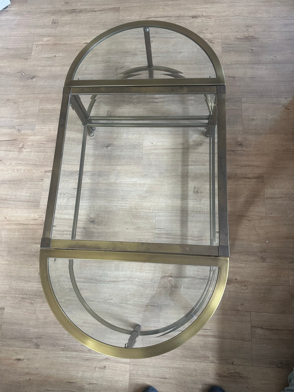 Vintage messing salontafel 3 delig met glazen blad, Ophalen, Gebruikt, 100 tot 150 cm, 50 tot 100 cm
