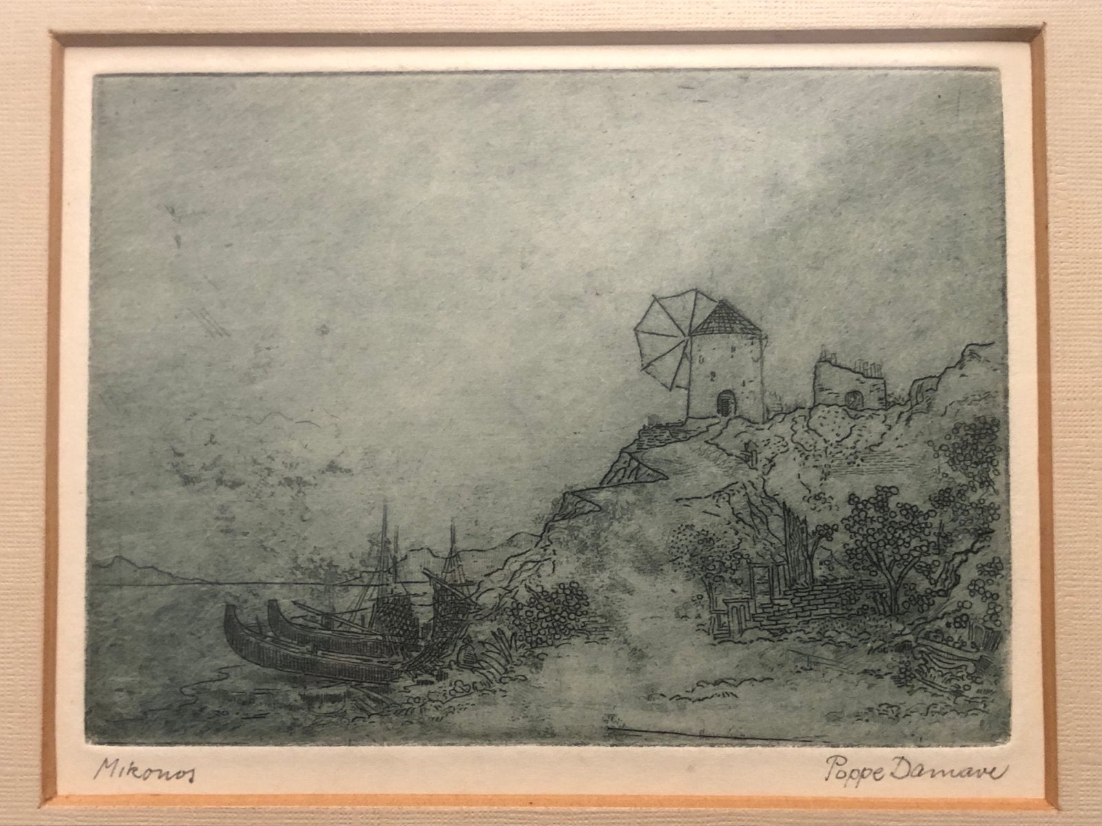 Ets 'Mikonos' van Poppe Damave (1921-1988), Ophalen of Verzenden, Gesigneerd, Landschap, 1950 - 1999