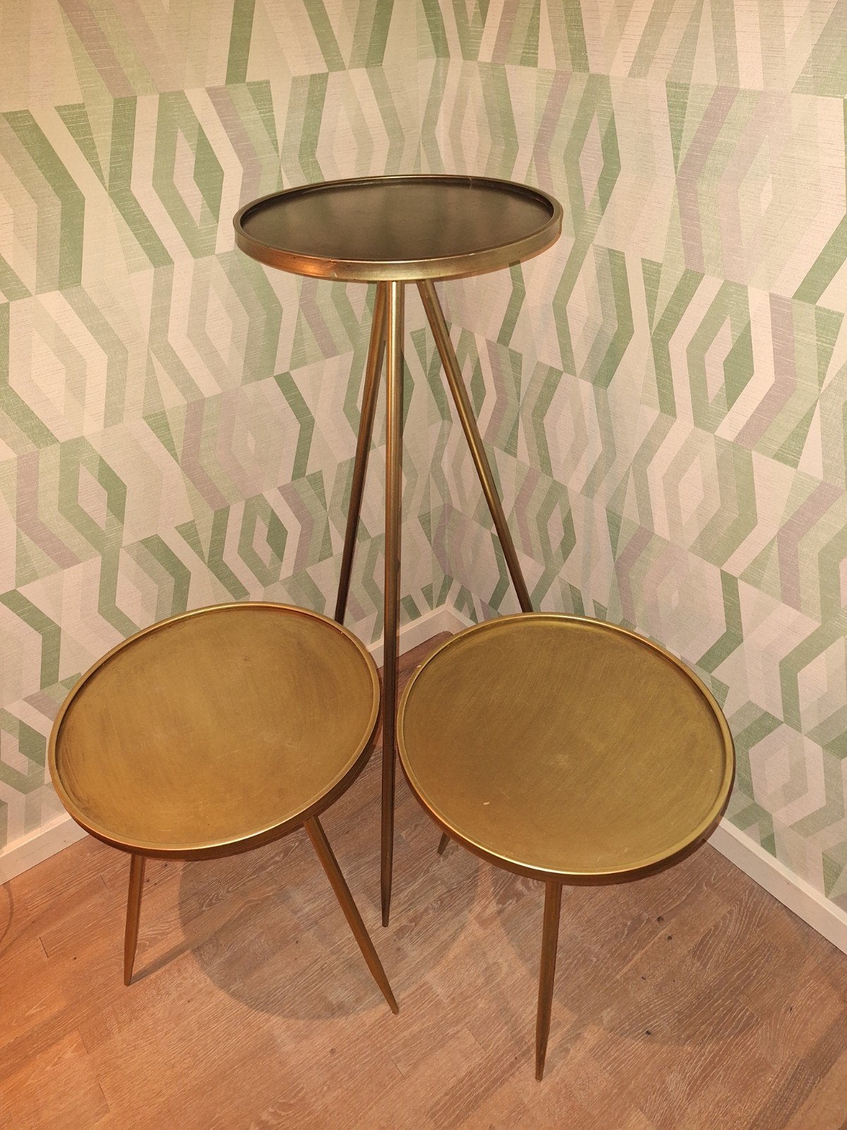 Set van 3 goudkleurige bijzettafels, Ophalen, Gebruikt, Metaal of Aluminium, Rond