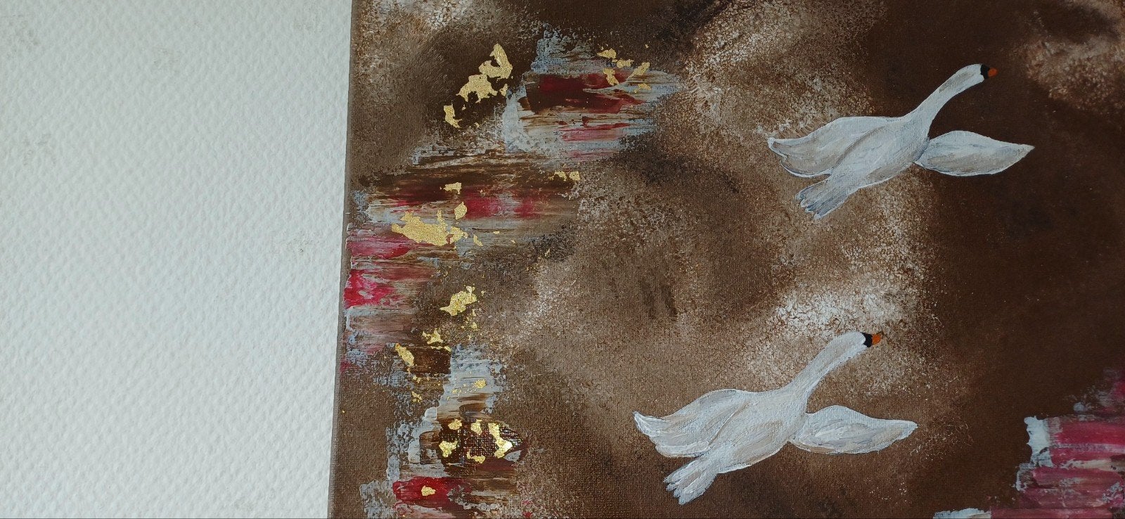 canvas vliegende zwanen en bladgoud, Verzenden, Overige materialen, Acrylverf, Dieren