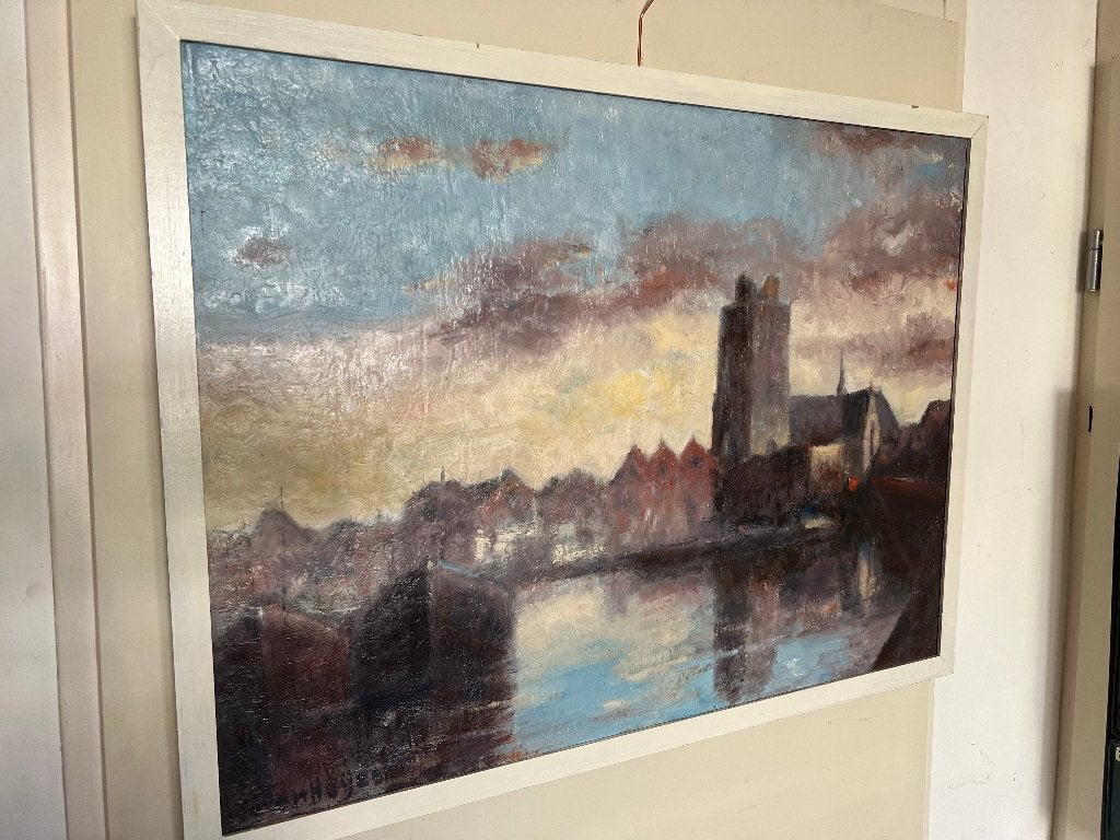 Olieverf schilderij "Stadsgezicht Dordrecht + de Grote Kerk", Antiek en Kunst, Ophalen of Verzenden, Olieverf, Stads- / dorpsgezicht