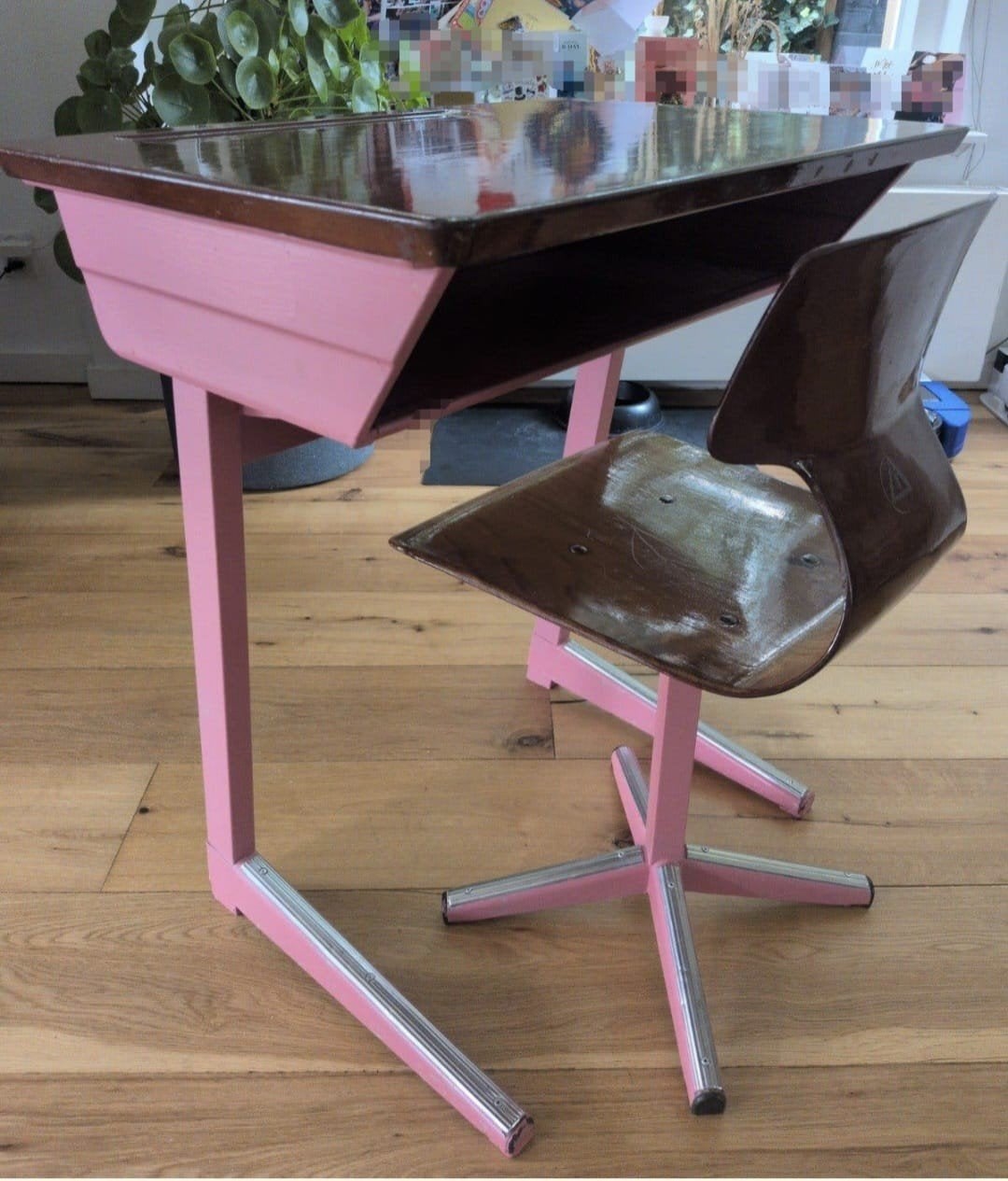 Vintage kinderbureau met stoel - roze en hout, Ophalen
