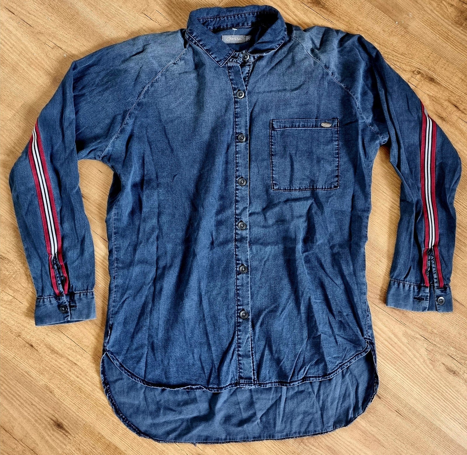 Geisha spijkerblouse met strepen - Maat L /40 (1), Kleding | Dames, Blouses en Tunieken, Maat 38/40 (M), Geisha, Blauw, Ophalen of Verzenden