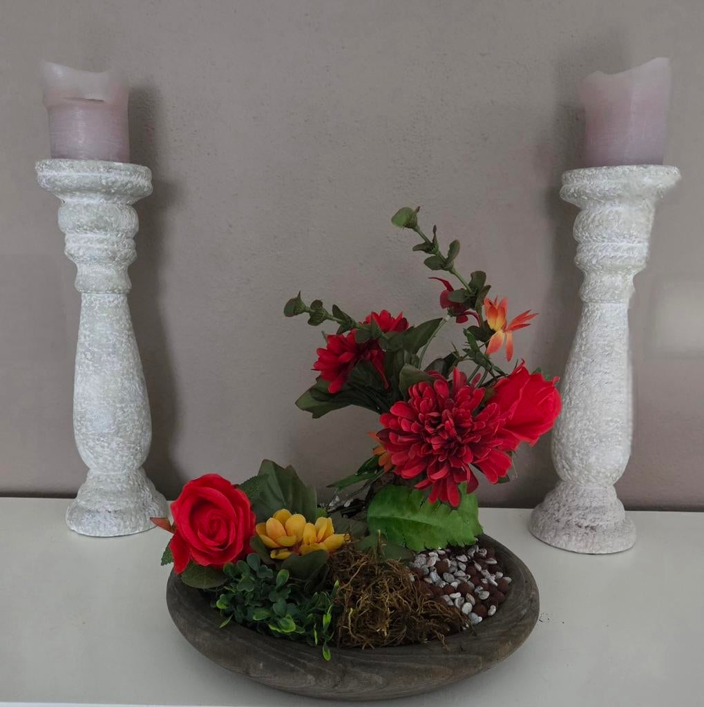 Handgemaakt kunstbloemstuk - Rode en gele bloemen, Binnen, Nieuw, Ophalen of Verzenden, Meerkleurig