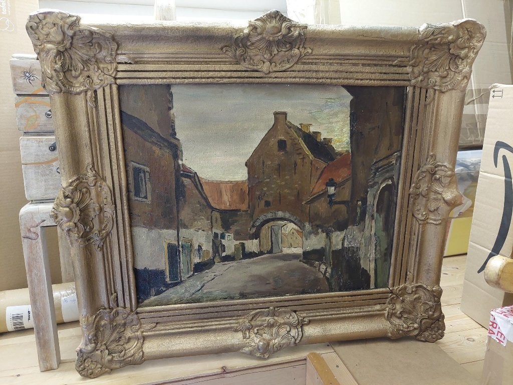 Zierikzee olieverfschilderij Noordhavenpoort barokke lijst, Antiek en Kunst, Ophalen