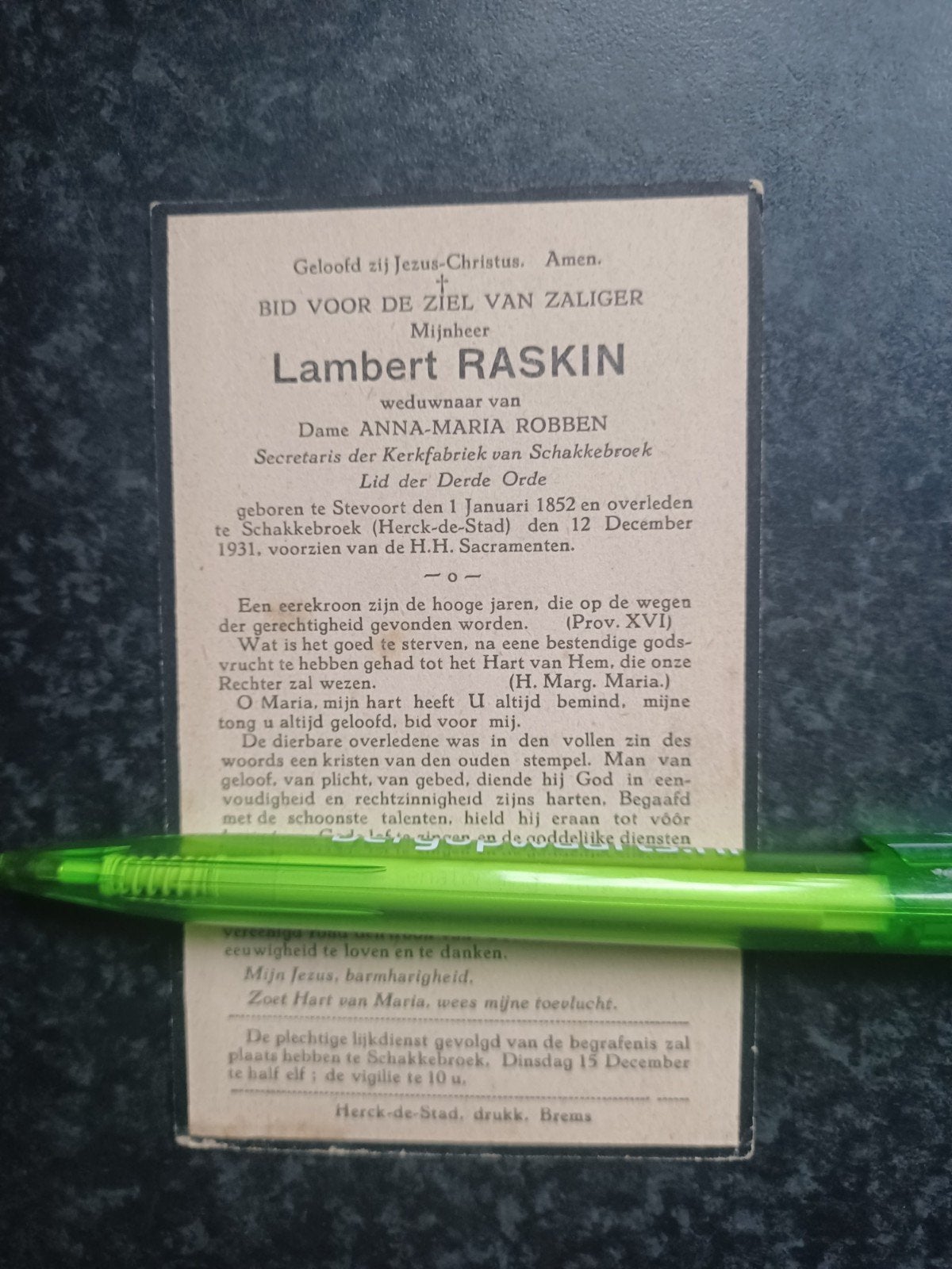 Bidprentje Stevoort Shakkebroek Lambert Raskin 1852 1931, Ophalen, Bidprentje