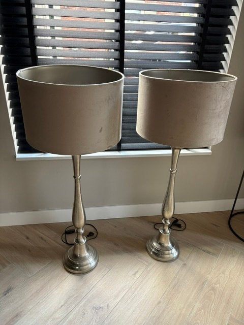 Schemerlampen met taupe/beige kap 101cm hoog, Gebruikt, Metaal, E27 (groot), Schemerlamp