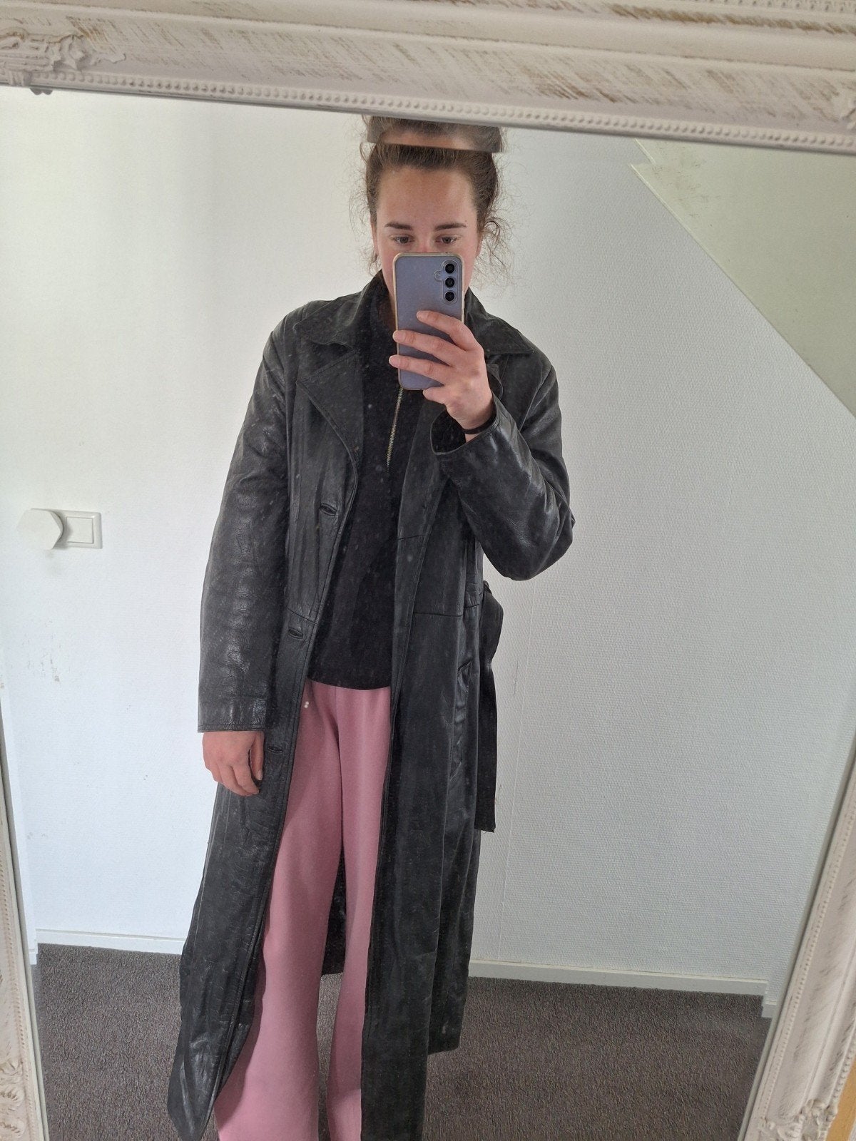 Lange zwarte leren jas - Vintage look, Ophalen of Verzenden, Gedragen, Maat 38/40 (M), Zwart