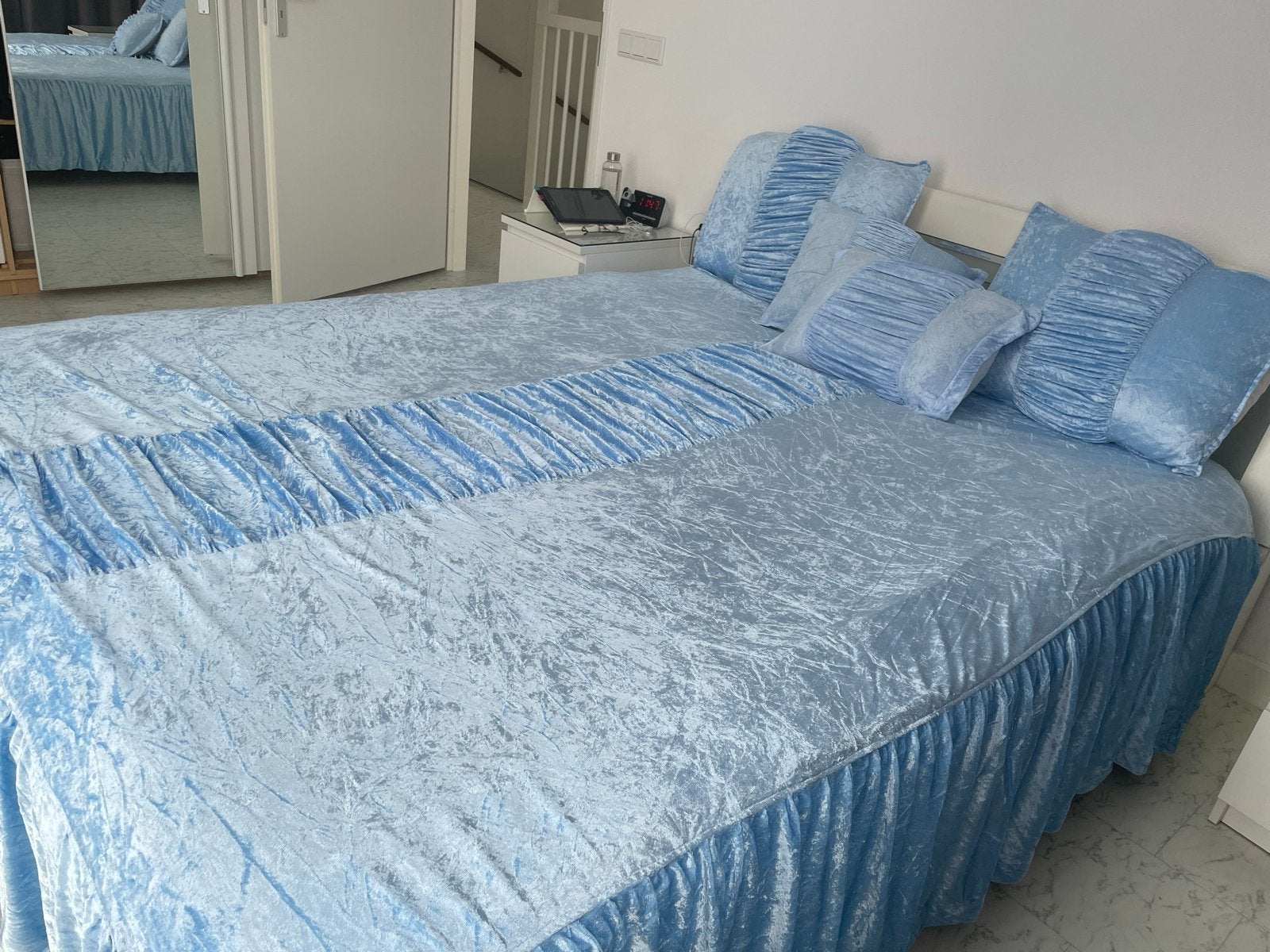 Lichtblauwe bedsprei met kussenslopen, Blauw, Tweepersoons, Ophalen of Verzenden, Zo goed als nieuw