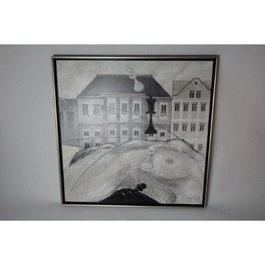 # Erotisch schilderij liggende dame huizen met schaakstukken, Antiek en Kunst, Kunst | Schilderijen | Modern, Ophalen