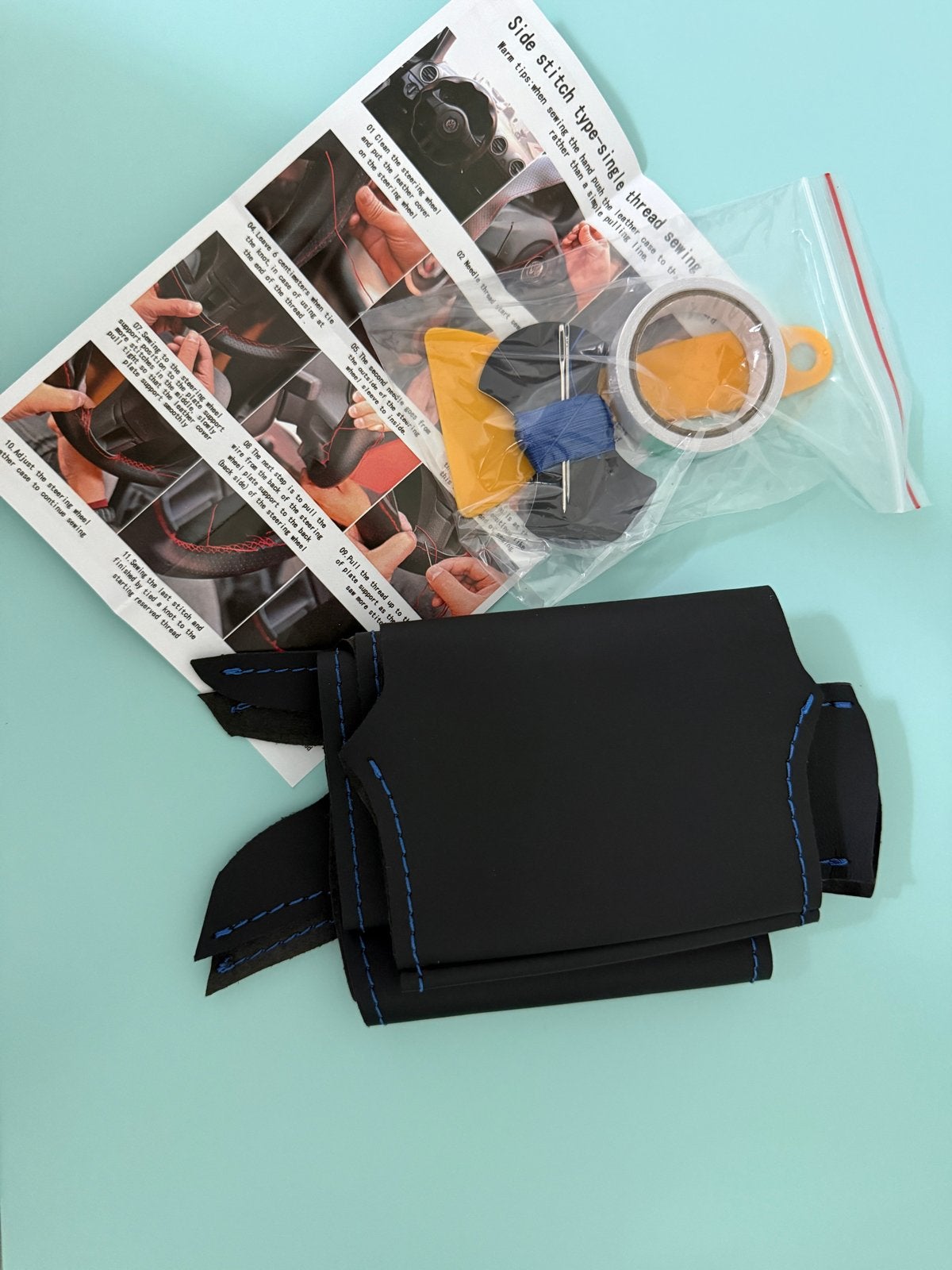 [NEW]VW Genuine Black Leather Dark Blue Thread Steering Wrap, Ophalen of Verzenden, Nieuw