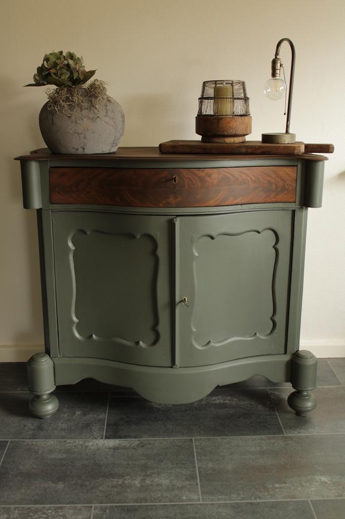 Prachtig Biedermeier penantkastje grijs/groen, Ophalen