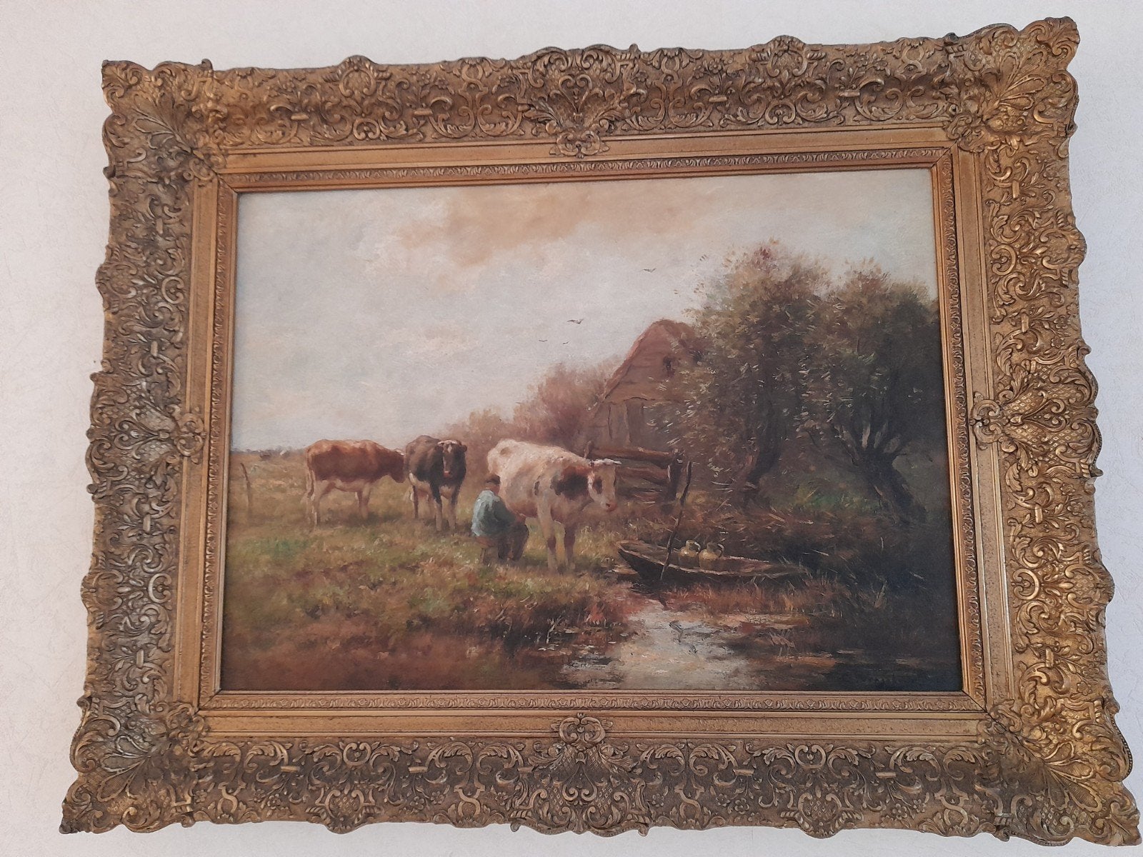 prachtig schilderij C.W. Bouter, melkende boer/landschap, Antiek en Kunst, Kunst | Schilderijen | Klassiek, Ophalen