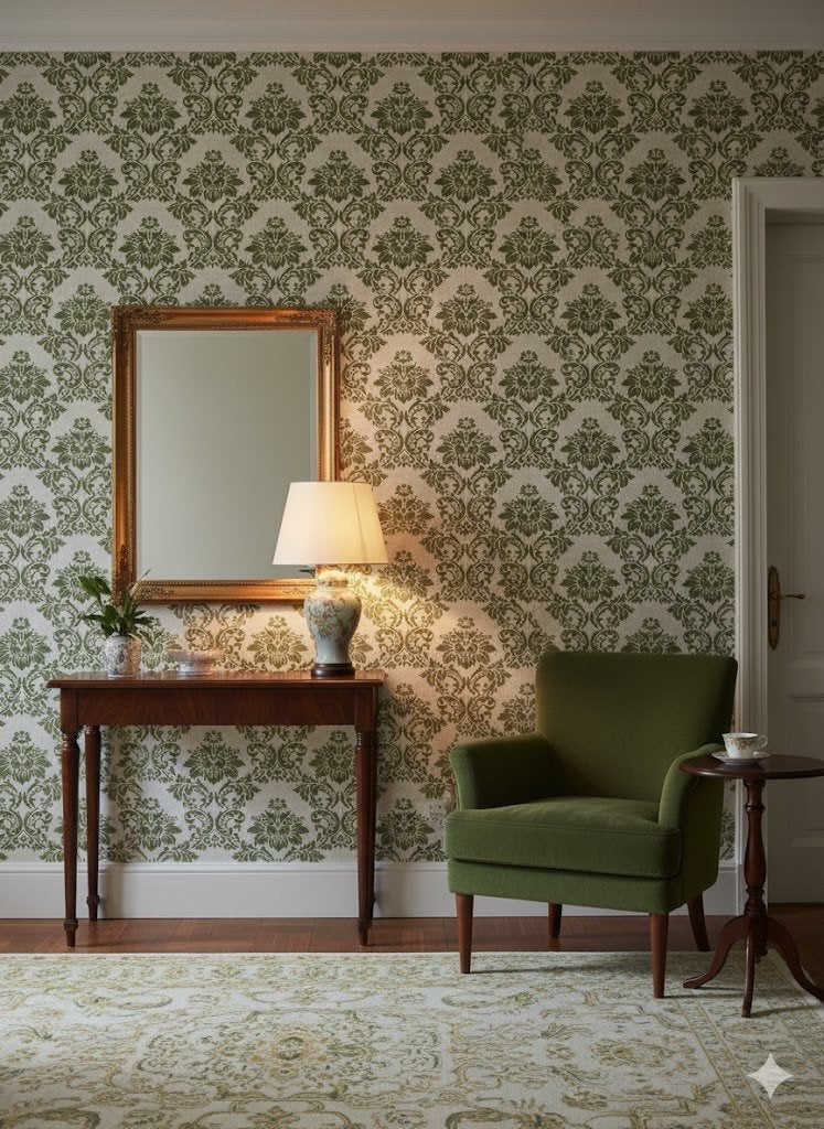 14222 groen barok behang met legergroen en creme swiet, Ophalen of Verzenden, Groen