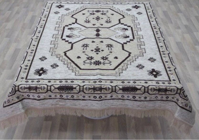 Tafelkleed in ecru/beige/bruin - ca. 210 x 140 cm, Ophalen of Verzenden, Gebruikt, Rechthoek