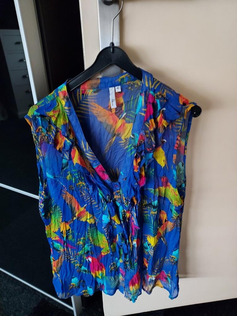 Miss Etam Blouse met Tropische Print - Maat 42, Blauw, Maat 42/44 (L), Ophalen of Verzenden, Zo goed als nieuw