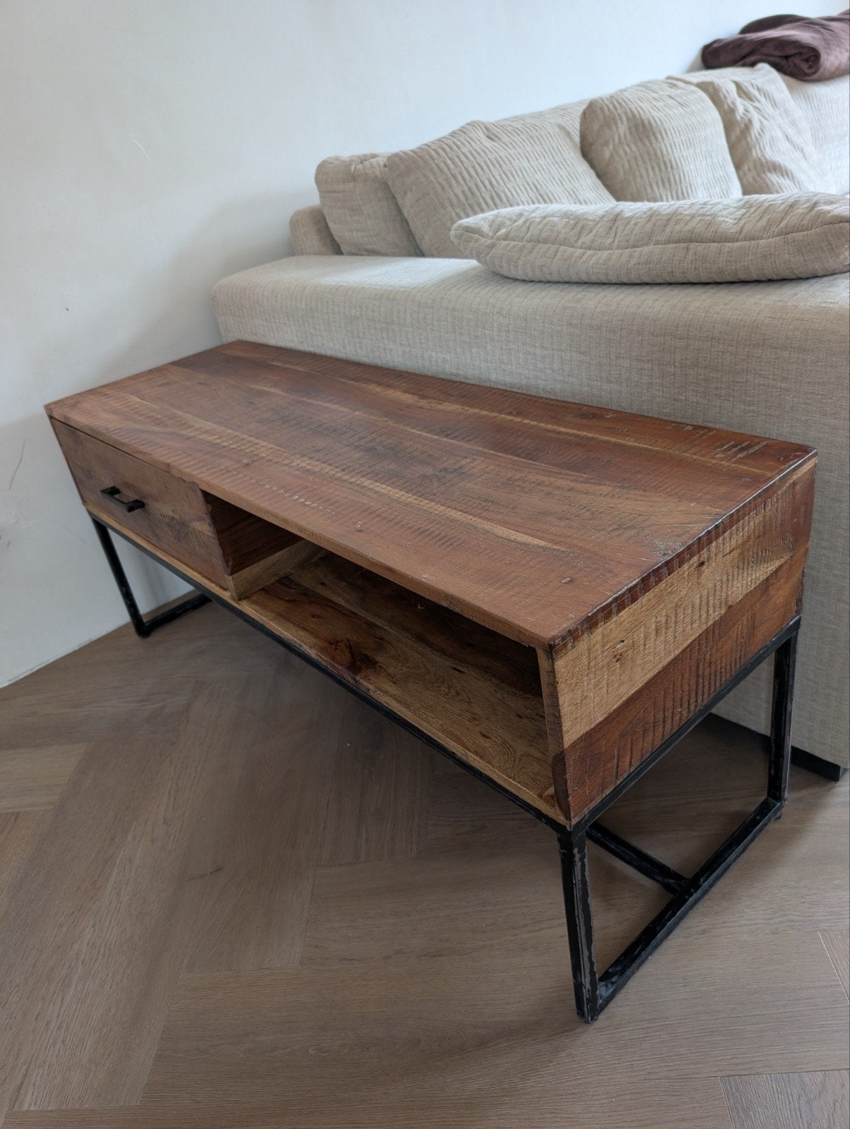 TV Meubel Mango Hout & Stalen Frame - 118x40x51cm, Gebruikt, 100 tot 150 cm, Minder dan 100 cm, 25 tot 50 cm
