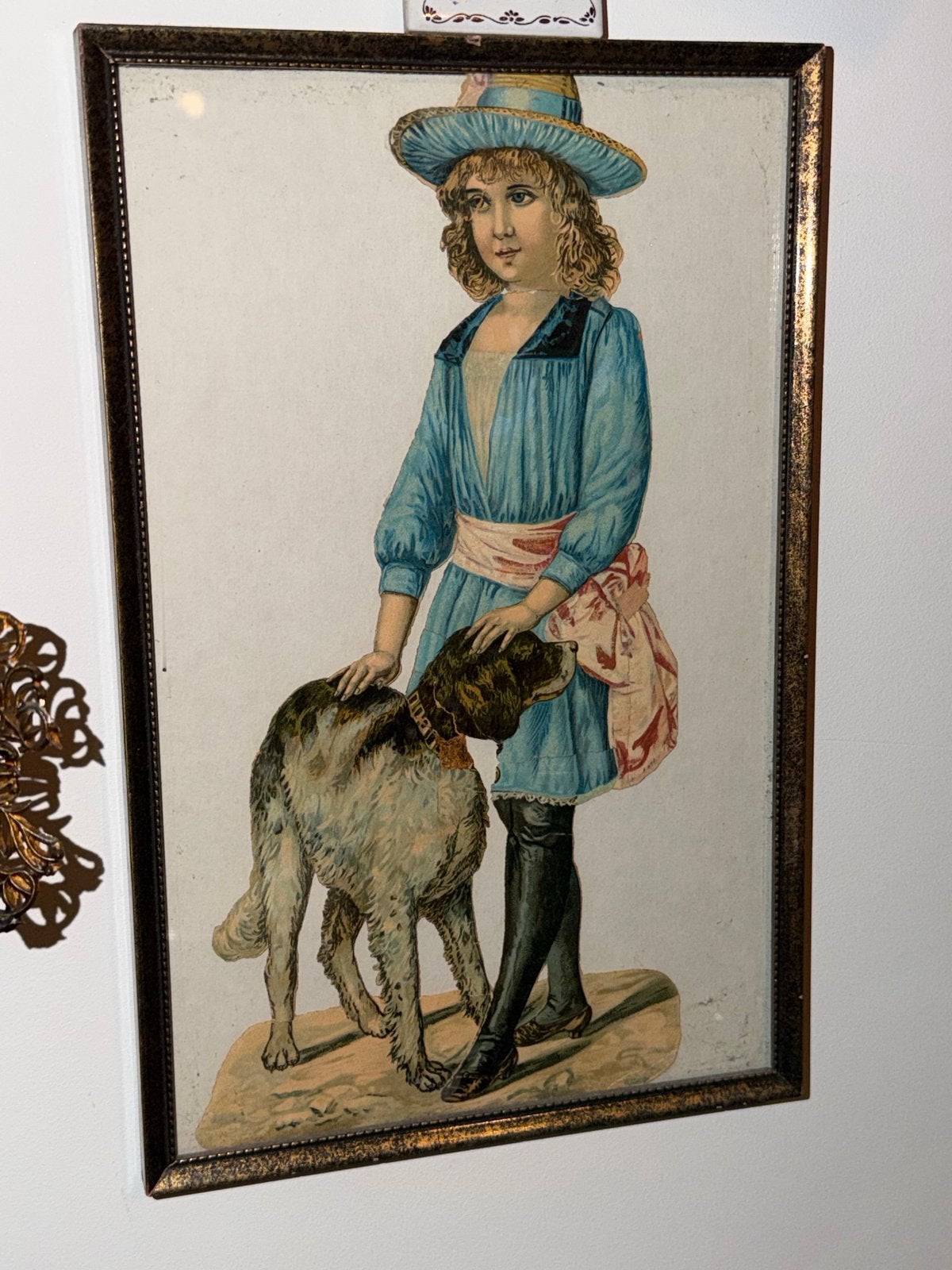 Antieke ingelijste prent van jongen met hond, Ophalen of Verzenden