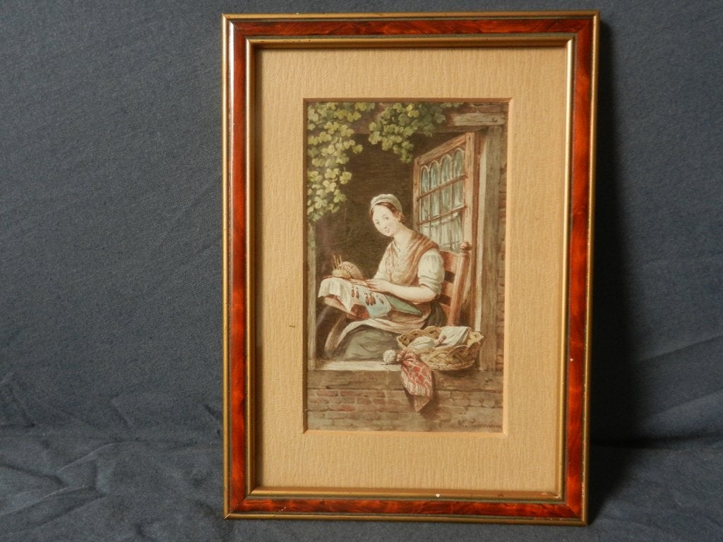 Verfijnde aquarel Kantwerkster in raam W. Pouwelsen 14x8 cm, Antiek en Kunst, Nederlandse school, Gesigneerd, Ophalen of Verzenden