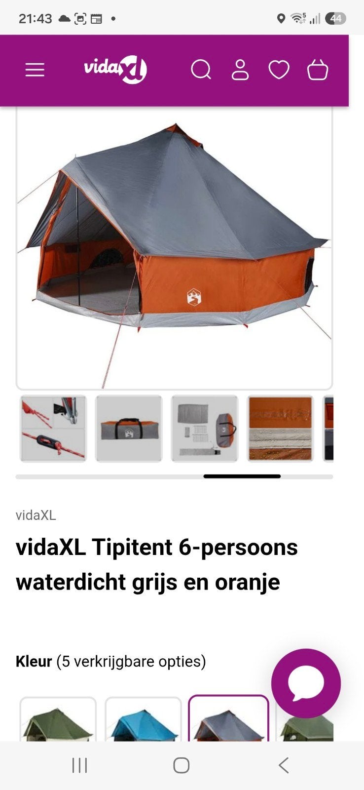VidaXL Tipitent 6-persoons waterdicht grijs en oranje, Ophalen of Verzenden, Zo goed als nieuw, Tot en met 6