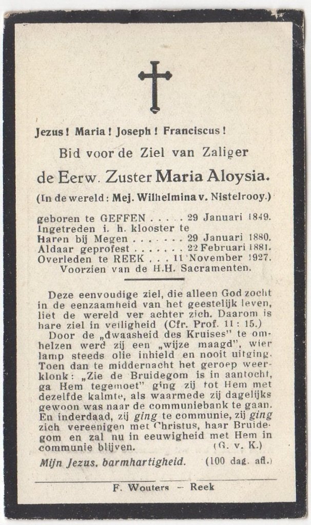zr. Wilhelmina van Nistelrooy 1849 Geffen + 1927 Reek, 78 jr, Ophalen of Verzenden