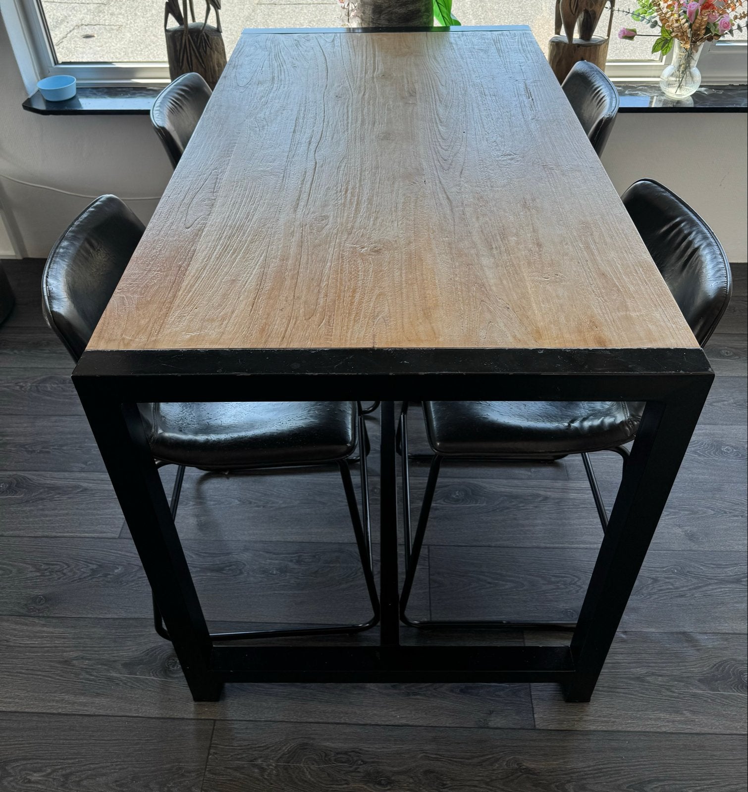 mangohouten bar/eetafel 140x80x90 + 4 stoelen  ssm, Ophalen, Gebruikt, 50 tot 100 cm, 150 tot 200 cm