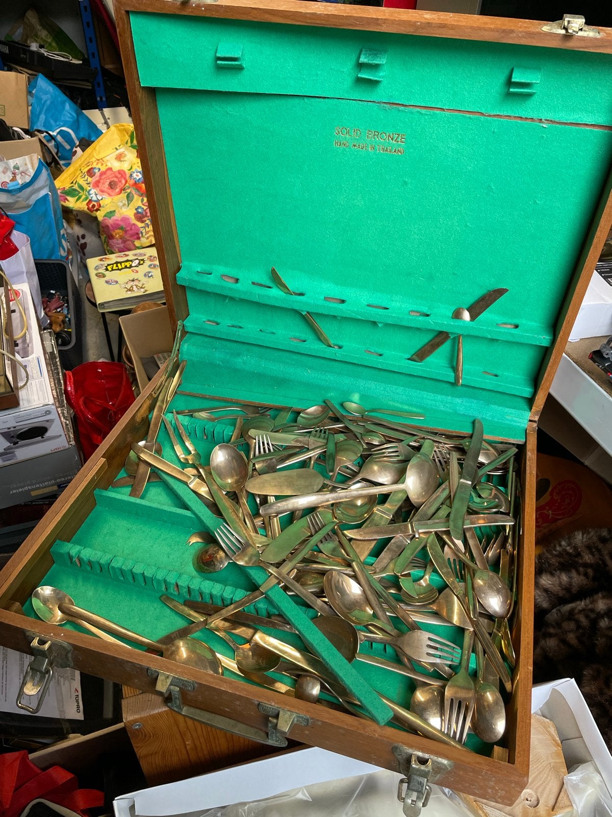 Vintage massief bronzen bestekset in houten kist, Ophalen