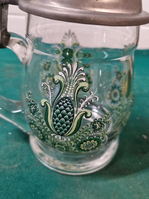 bierpul glas gedecoreed groen met tinnen deksel, Verzamelen, Ophalen of Verzenden, 'T Olde Gre-j, Info@toldegrej.nl, Endepoelstraat 20f Didam