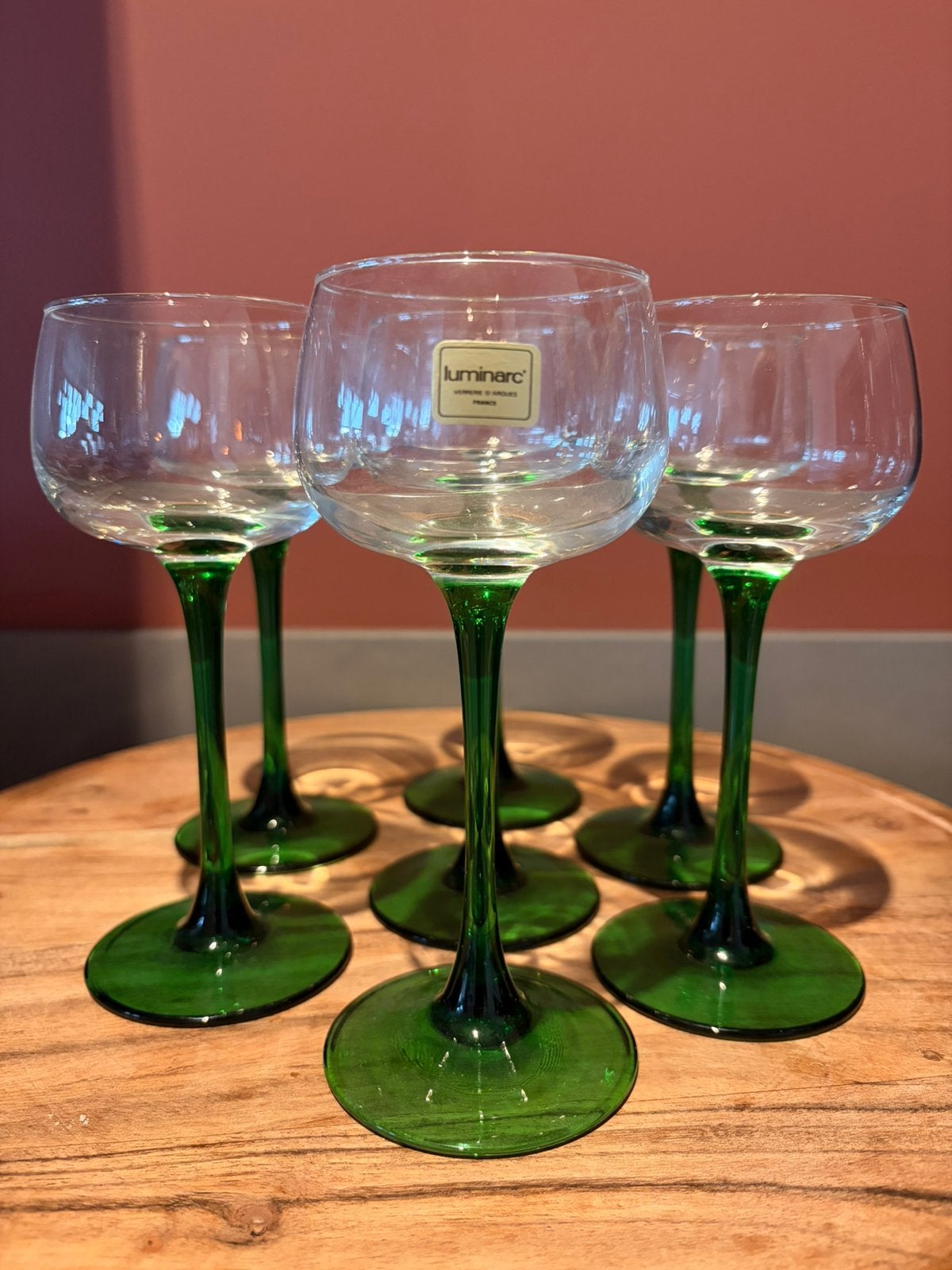 Set van 6 vintage Luminarc wijnglazen met groene voet, Ophalen