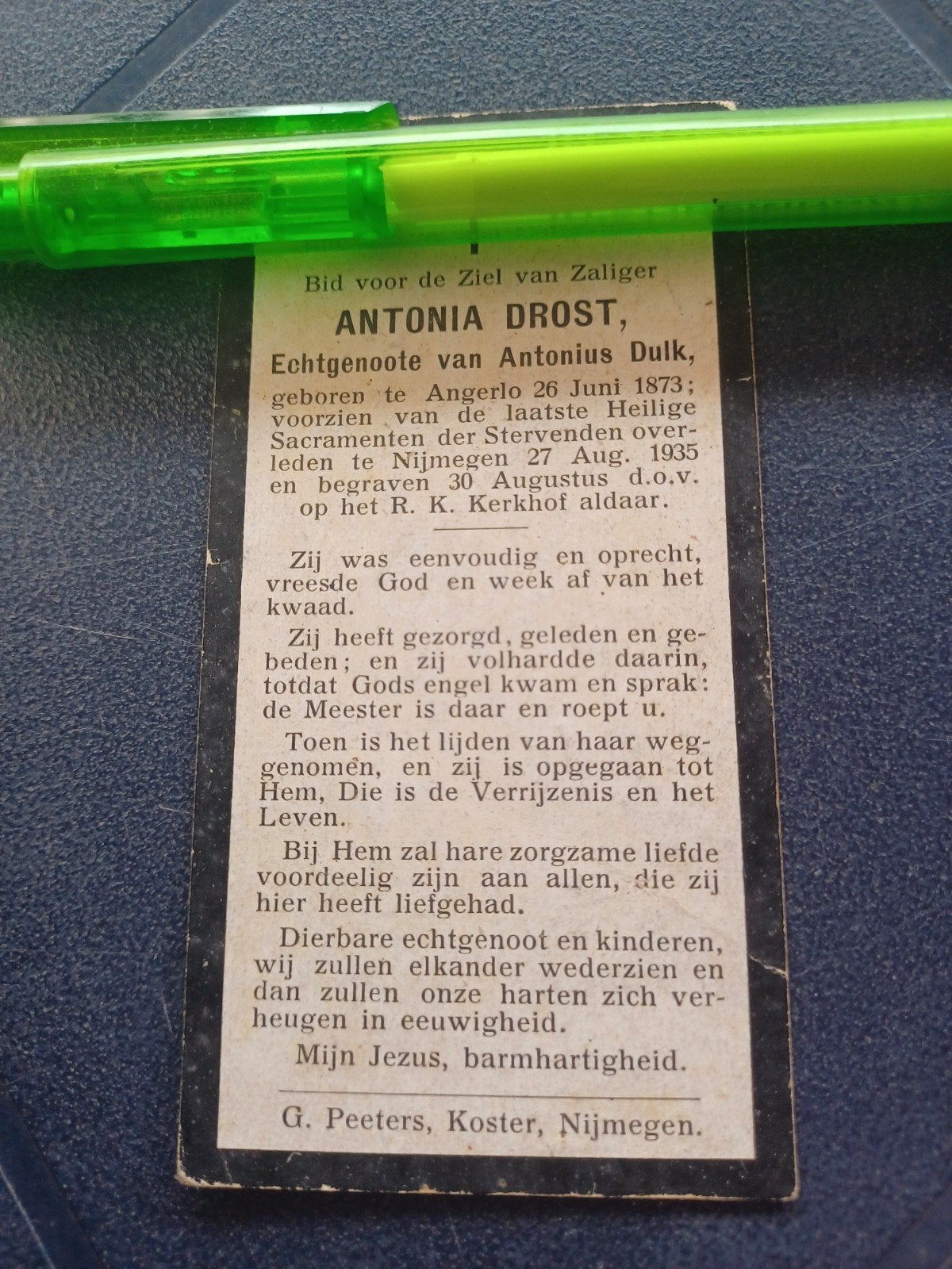 Bidprentje Angerlo Nijmegen Antonia Drost 1873 1935, Verzamelen, Ophalen, Bidprentje