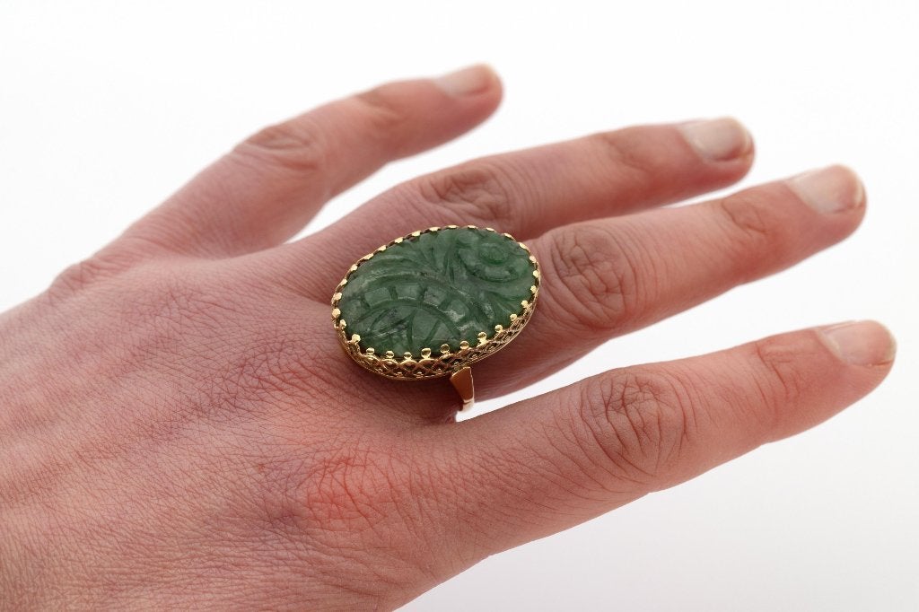 Jade Nefriet robuuste 14k gouden vintage ring dames luxe, Voordeelsieraden, Verzenden, 19 tot 20, Zo goed als nieuw