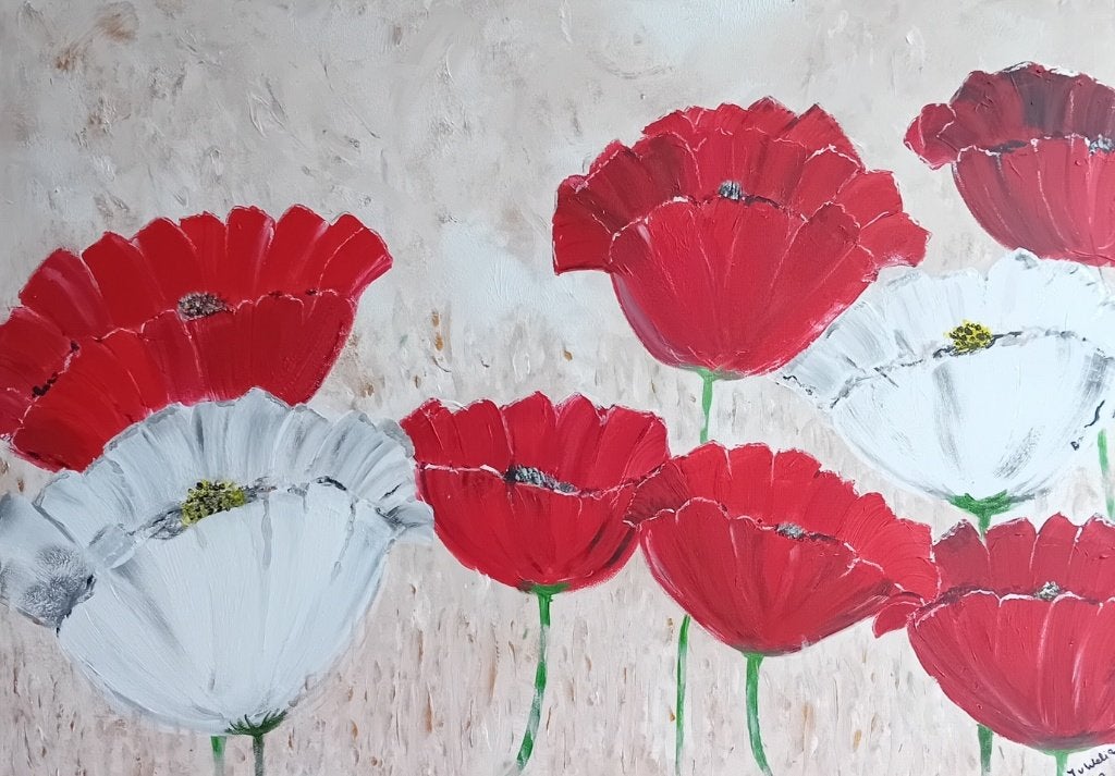 Levendig schilderij met rode en witte klaprozen, Antiek en Kunst, Ophalen, Acrylverf, Bloemen, Handgeschilderd