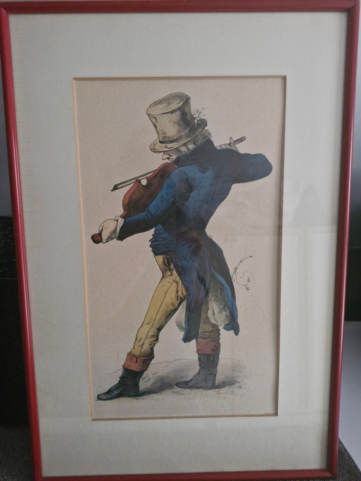 Antieke prent van violist in rood frame, Ophalen, Tekening, Overige technieken, Ingelijst