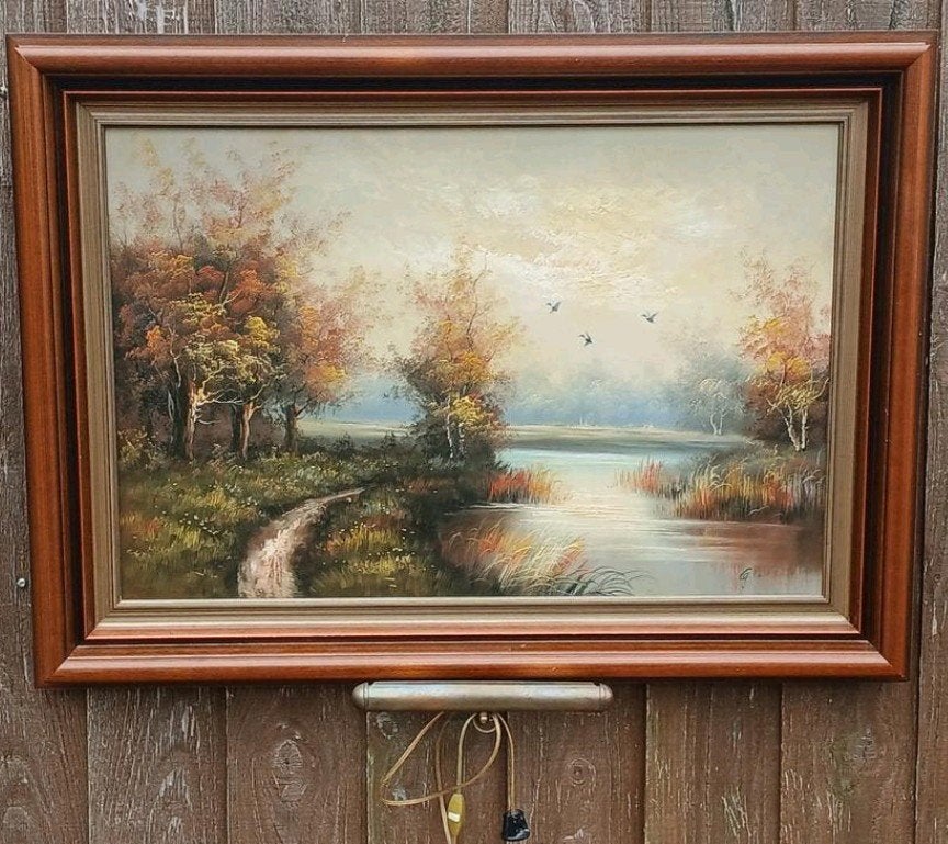 Schilderij Herfstlandschap met Rivier en Pad, Antiek en Kunst, Kunst | Schilderijen | Klassiek, Ophalen of Verzenden