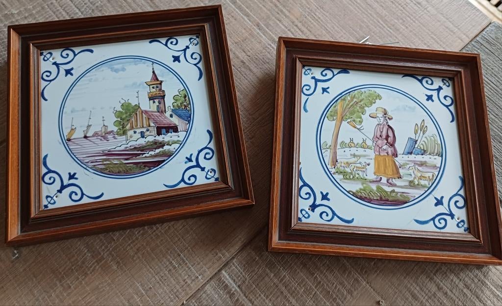 2 Hollandse tafereeltje  met houten lijstjes., Antiek en Kunst, Antiek | Wandborden en Tegels, Ophalen