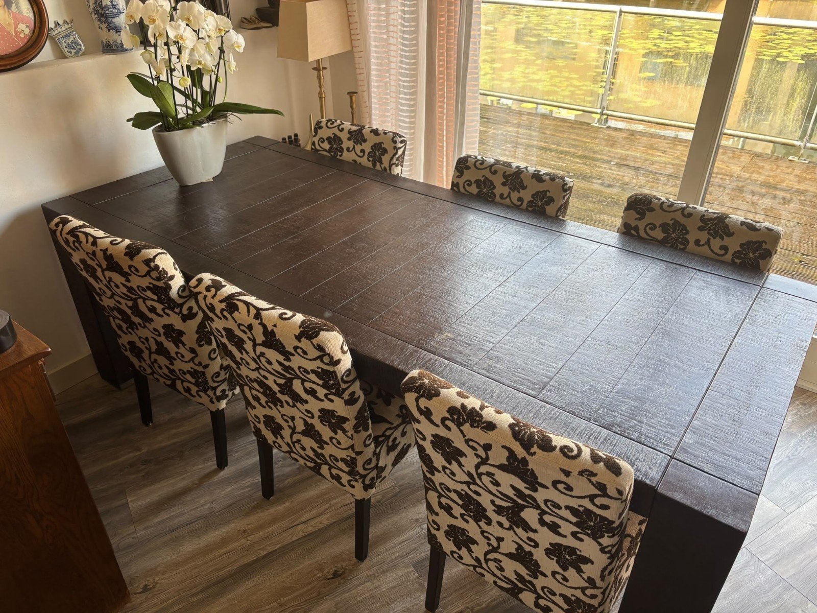 6 eetkamerstoelen  bloemenprint, Ophalen, Gebruikt, Bruin, Stof