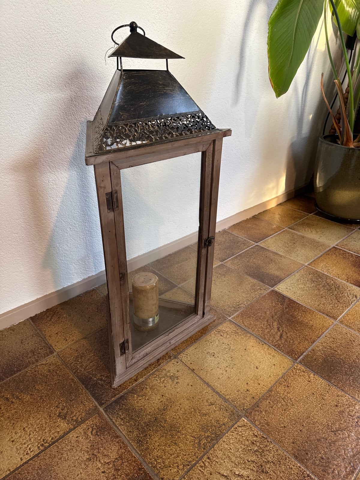 Groot windlicht 70cm hoog - sfeervolle lantaarn, Ophalen, Gebruikt, Hout, Windlicht